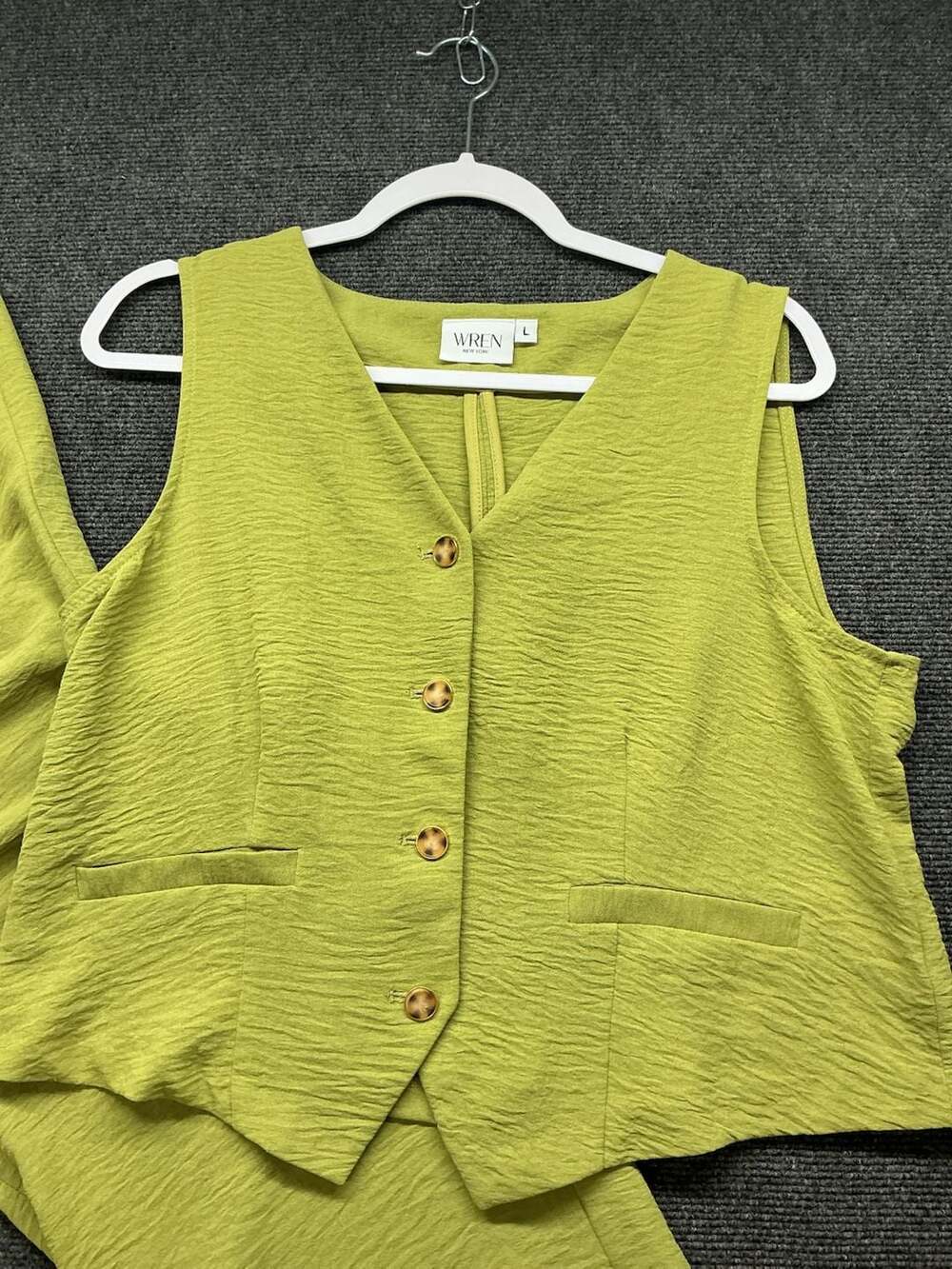 Wren New York Chartreuse Crinkled Texture Vest and Wide Leg Pant Set - Picture 2 of 5